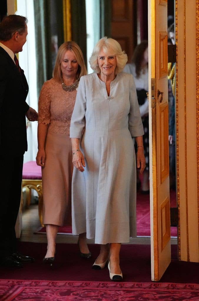Queen Camilla in a blue dress