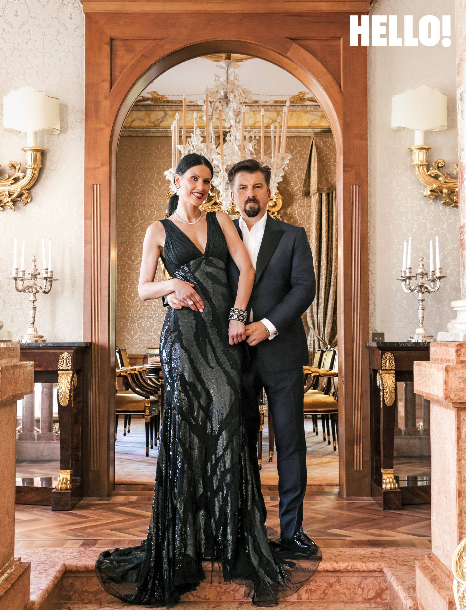 Our hosts are pictured at the entrance to the magnificent dining room inside Villa Portesina