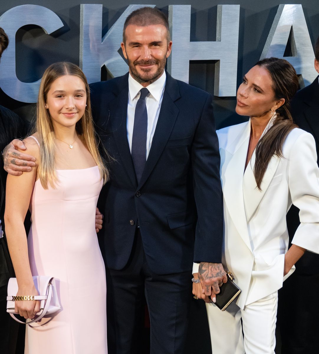 Harper Beckham, David Beckham and Victoria Beckham on October 03, 2023.
