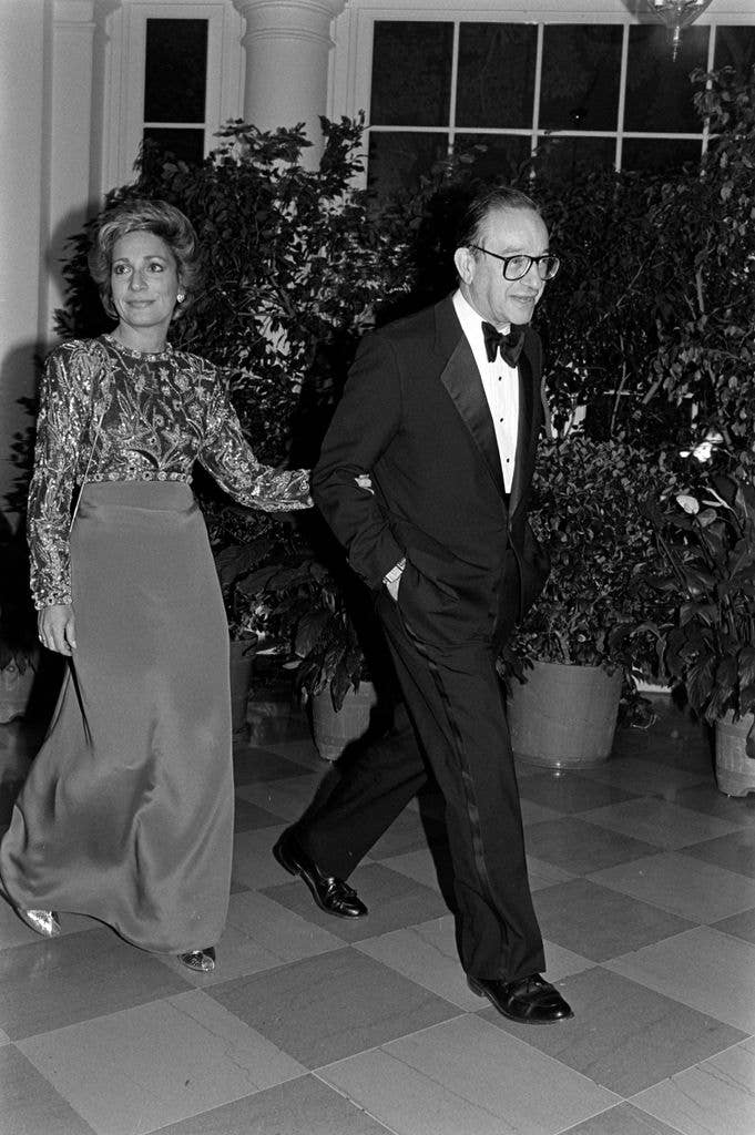 Andrea Mitchell and Alan Greenspan attend an event at the White House in Washington, D.C., on October 14, 1987