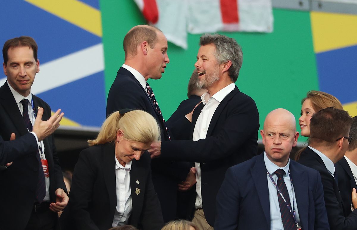 Prince William, Prince of Wales and President of the FA, shakes hands with HM King Frederik X, King of Denmark, after the UEFA EURO 2024 group stage match between Denmark and England at Frankfurt Arena on June 20, 2024 in Frankfurt