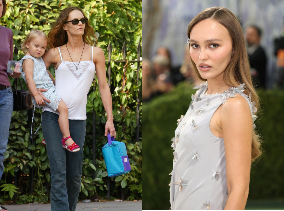 Split image of Lily-Rose Depp. On the left, with her mother Vanessa Paradis as a child. On the right, in 2026.