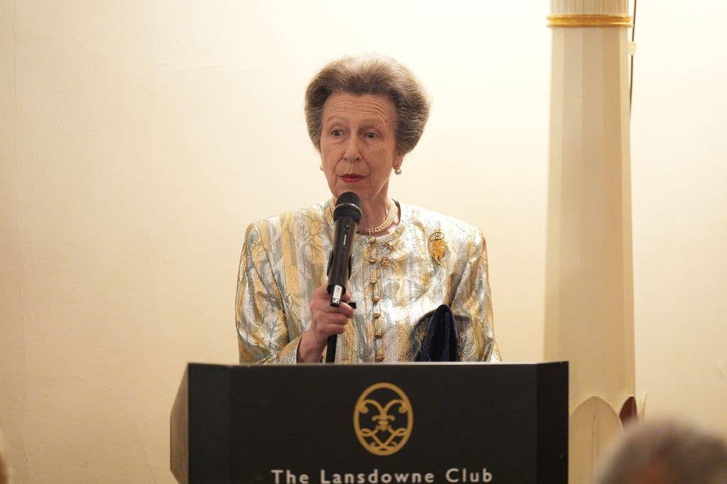 Princess Anne speaks during a reunion of the 1976 Olympic Games at The Lansdowne Club 