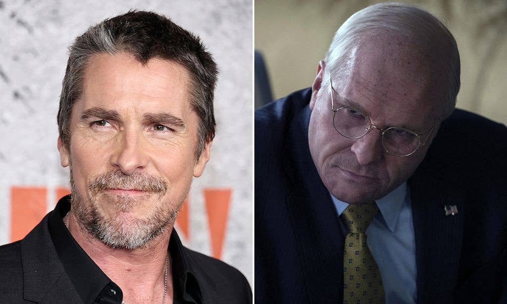 Split image of Christian Bale at a premiere and in Vice