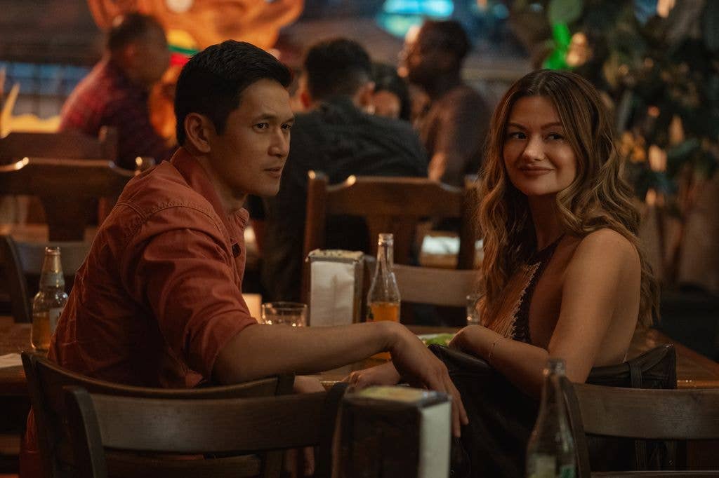 Harry Shum Jr. as Andy and Leah McKenrick as Breeda in Voicemails for Isabelle. 