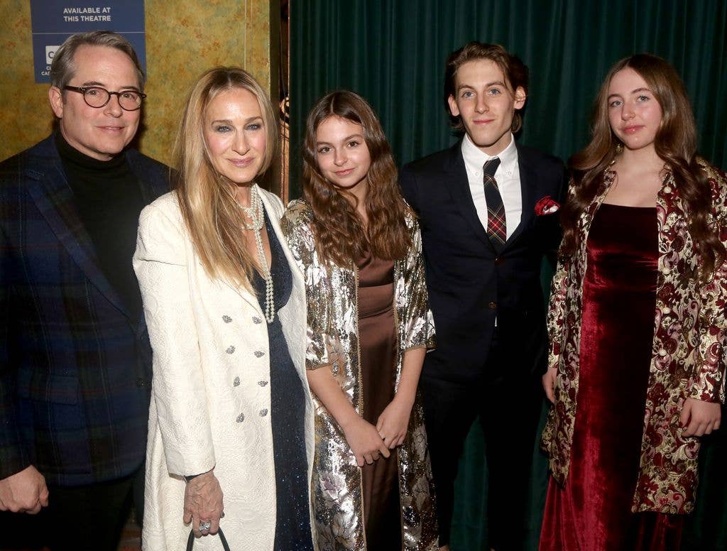 Matthew Broderick, Sarah Jessica Parker, Tabitha Hodge Broderick,James Wilkie Broderick and Marion Loretta Elwell Broderick pose 