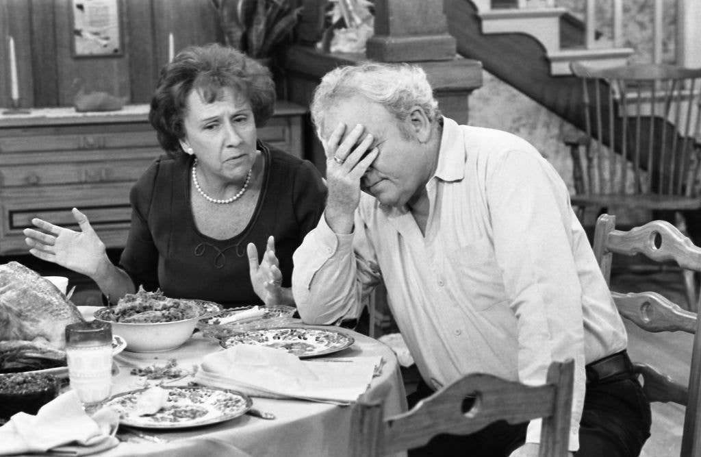Carroll O'Connor and Jean Stapleton acting in 'All in the Family', 1978.