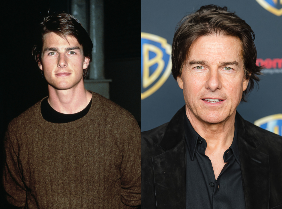 Split image of Tom Cruise. On the left in a brown jumper in the '90s, on the right in a black suit in present day.