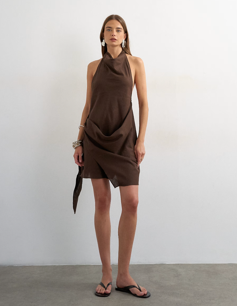 Linen Rich Halter Neck Wrap Mini Dress