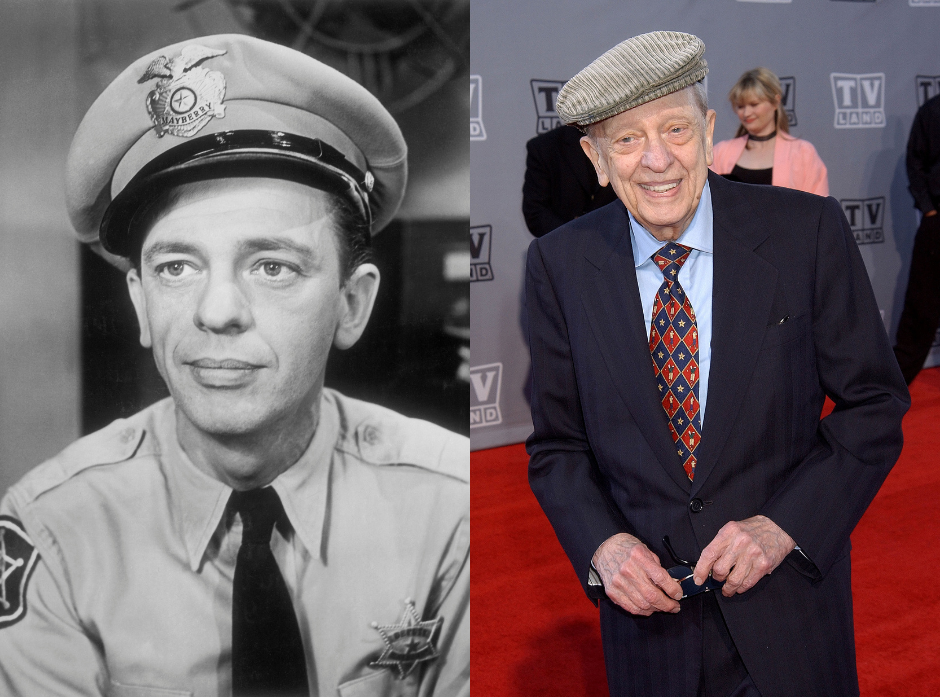 Split image of Don Knotts. On the left, in a black and white still from 'The Andy Griffith Show'. On the right, on the red carpet in 2003.