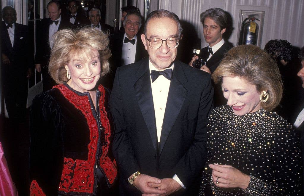 TV journalist Barbara Walters, economist Alan Greenspan and TV journalist Andrea Mitchell attend the United Cerebral Palsy of New York City's 36th Annual Humanitarian Award Salute to Alan Greenspan and Rupert Murdoch on January 10, 1991 at the Waldorf-Astoria Hotel in New York City