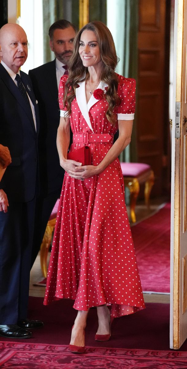 The Princess of Wales embraced a bold red-and-white palette, completing the look with Gianvito Rossi pumps and a matching Miu Miu clutch.