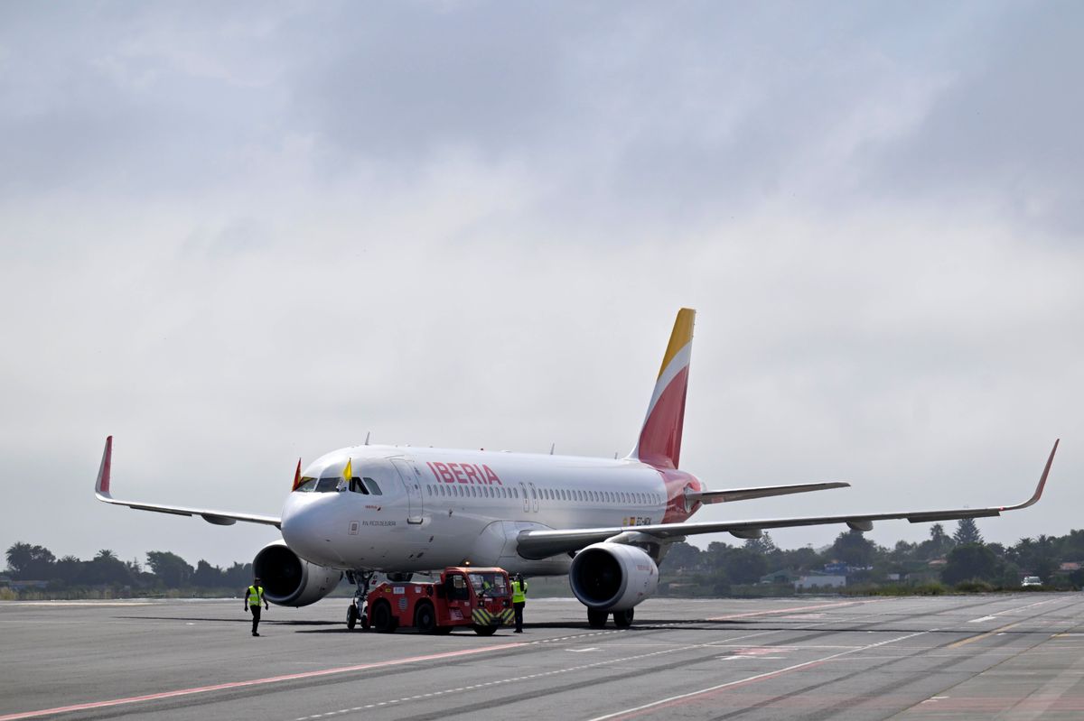 Ground crews and airline technicians inspect the aircraft after the departure is halted.