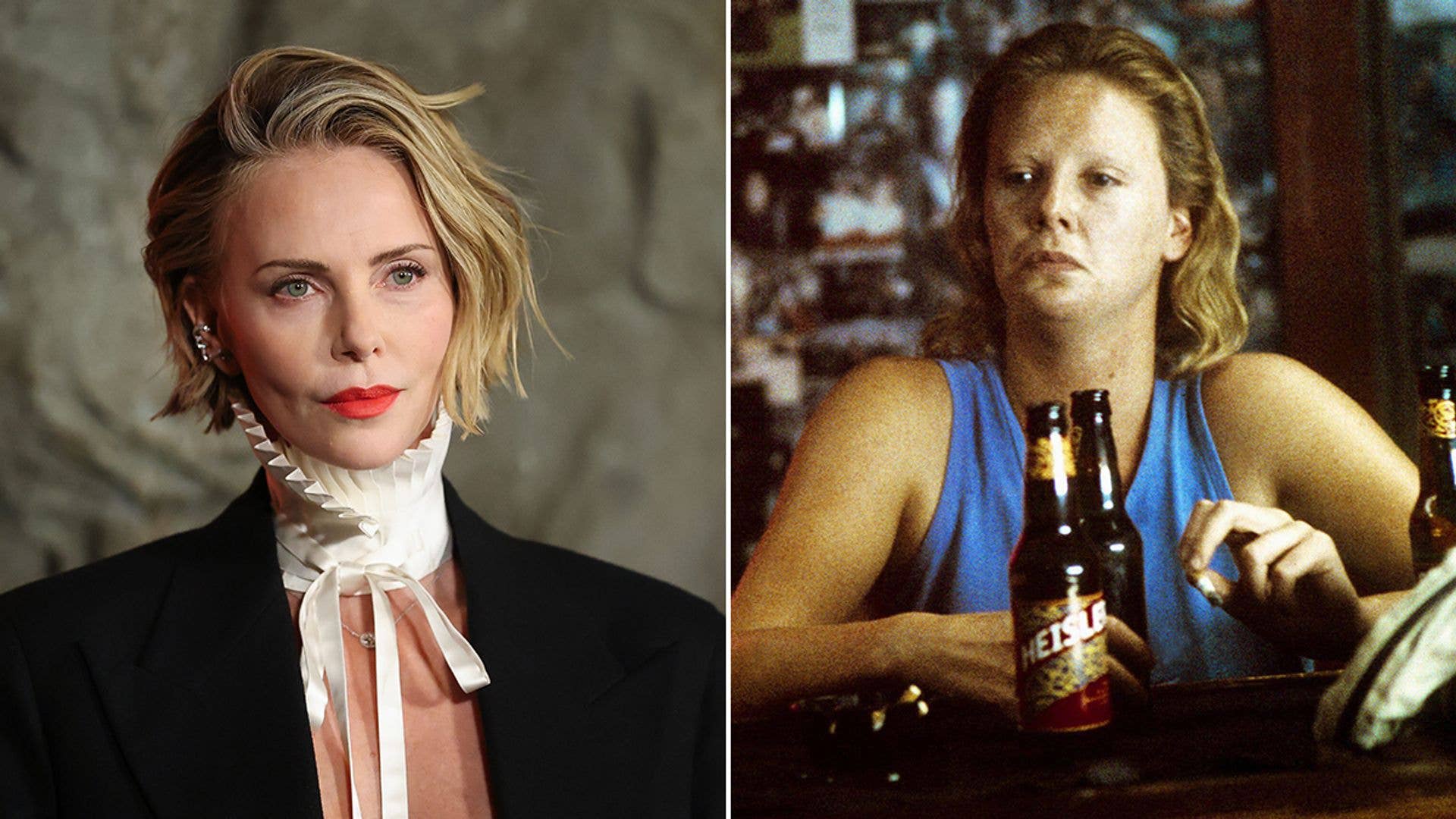 Split image of Charlize Theron at a premiere and in Monster