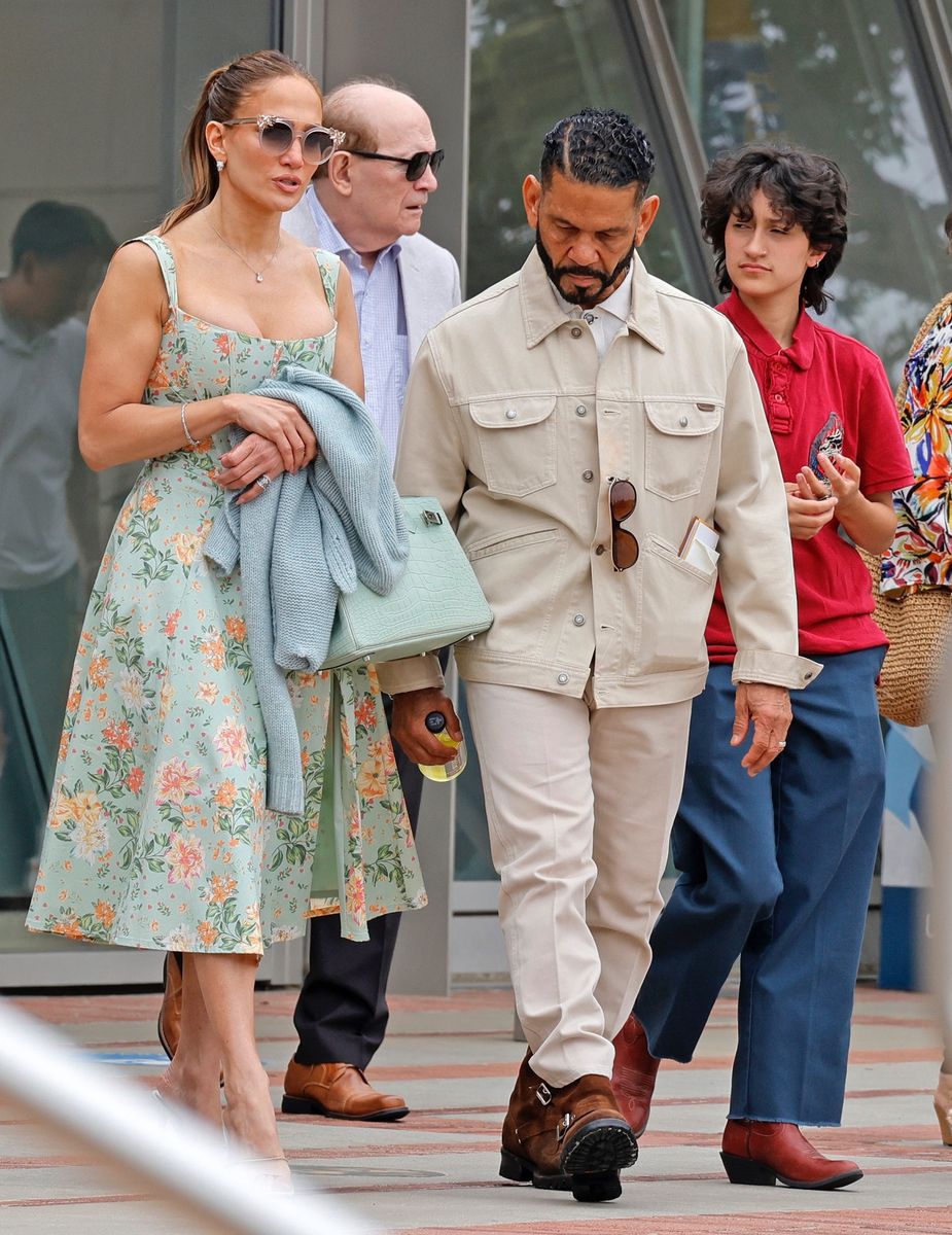 Jennifer Lopez arrived at the UCLA campus in a romantic floral dress and powder-blue cardigan.