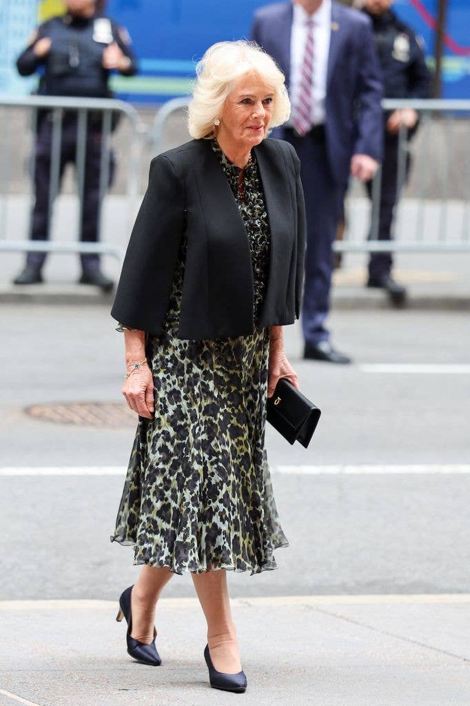 Queen Camilla arrives at a cultural reception in leopard print dress