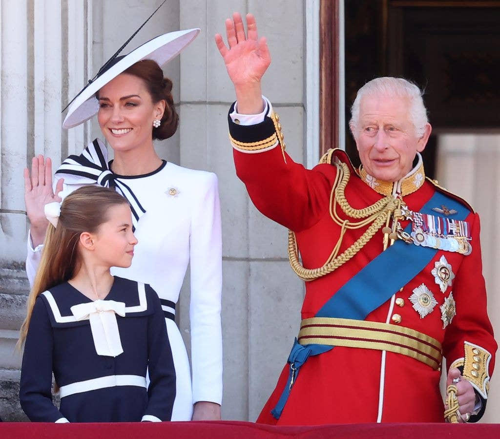 Catherine, Princess of Wales, Princess Charlotte of Wales and King Charles III during Trooping the Colour at Buckingham Palace on June 15, 2024 in London, England.