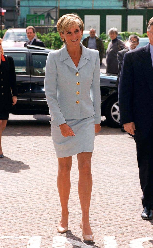 Diana, Princess Of Wales, Visiting The Royal Brompton Hostpital To Meet Young Cystic Fibrosis Sufferers. Princess Diana Is Wearing A Pale Blue Suit Designed By Versace.