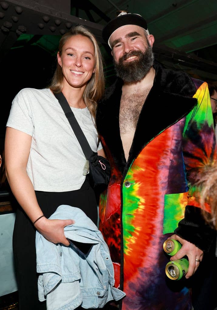 photo of kylie kelce and jason kelce smiling at camera