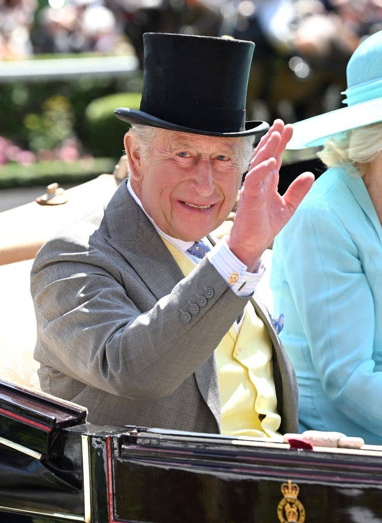King Charles III smiles and waves as he attends day four of Royal Ascot 2026 