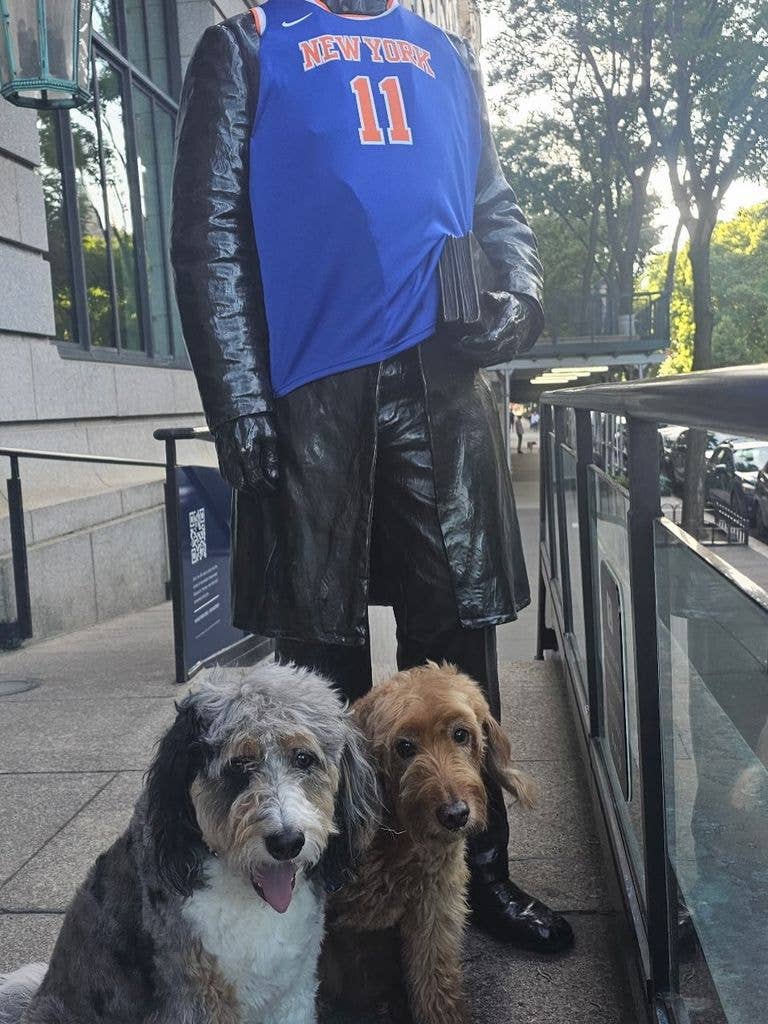 Michael Strahan shares a photo of a statue wearing a New York Knicks jersey with his two dogs, shared on Instagram