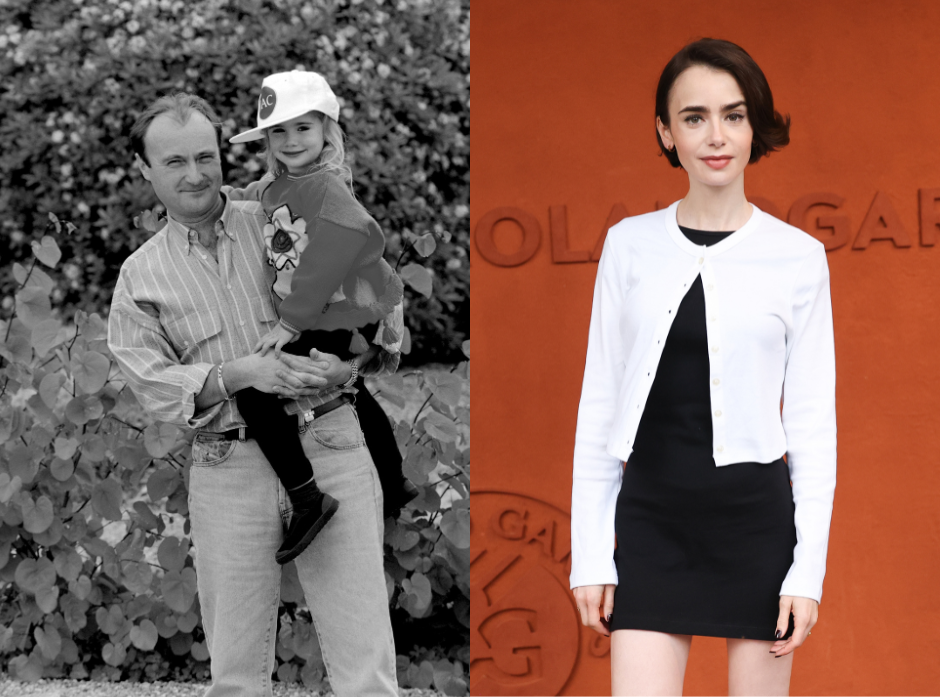 Split image of Lily Collins. On the left, with father Phil Collins in 1988. On the right, at the French Open in 2026.