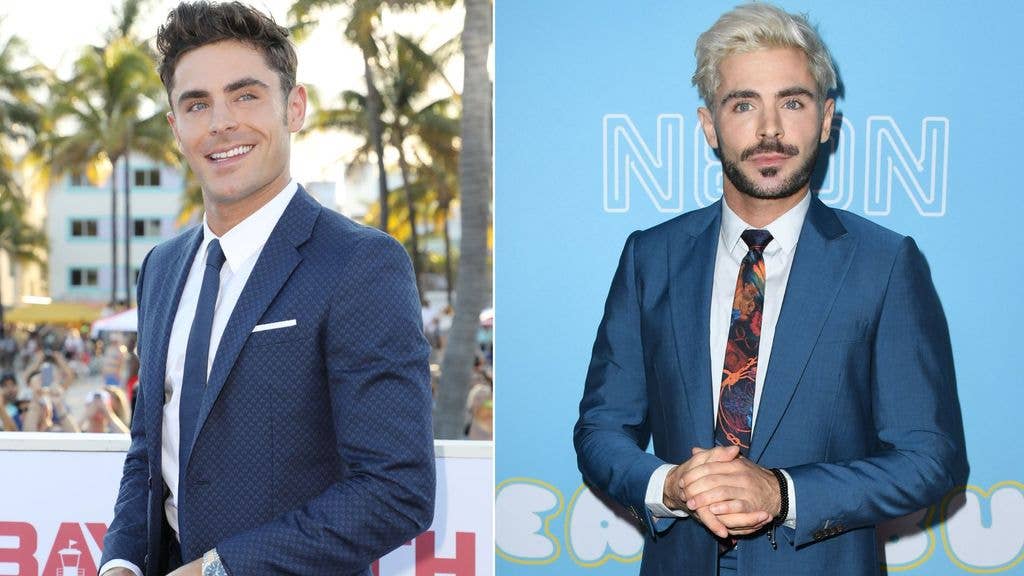A split image of Zac Efron blond and Zac Efron brunette