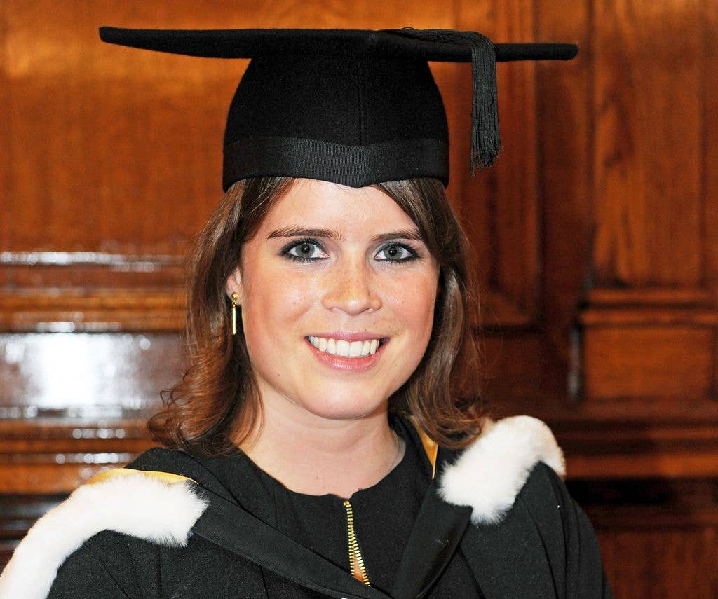 Princess Eugenie wearing mortar board and robes for university graduation