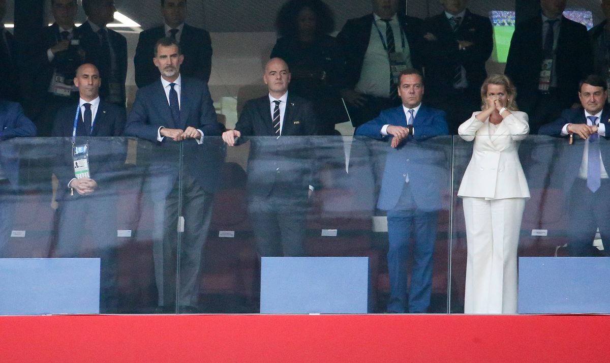King Felipe VI watches Spain take on host nation Russia in the 2018 World Cup Round of 16.