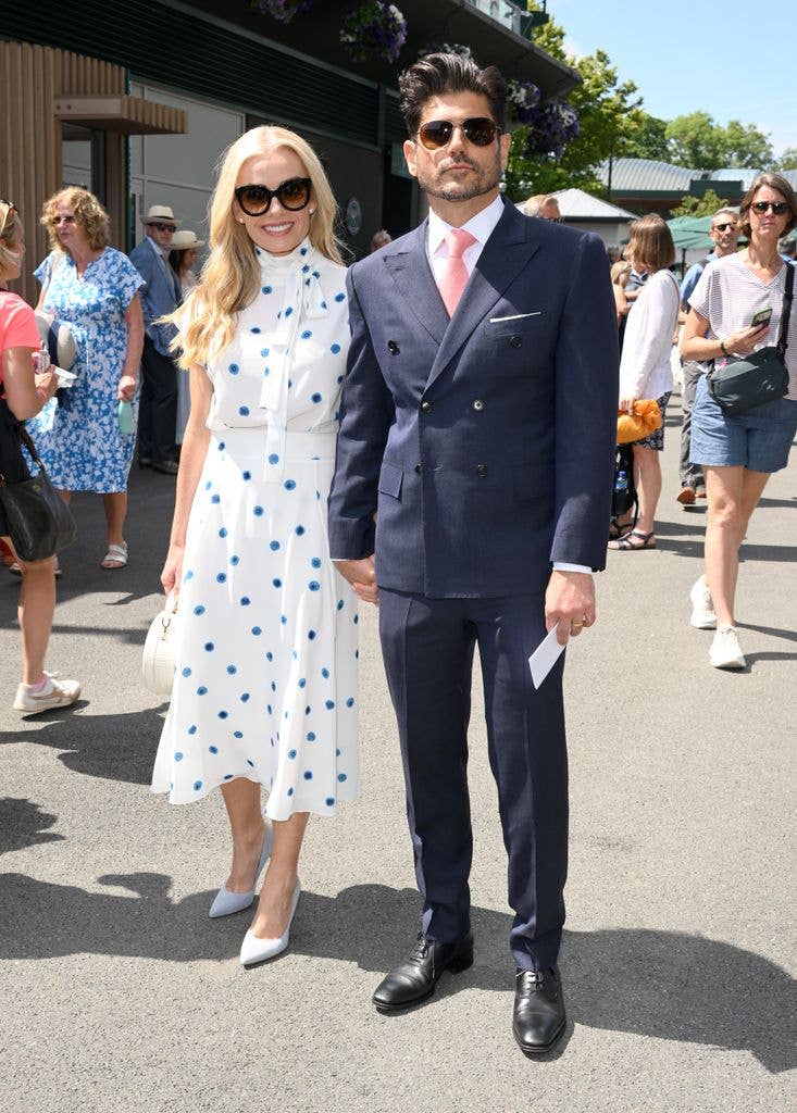 Katherine Jenkins with Andrew Levitas on day one of the 2026 Wimbledon Championships at the All England Lawn Tennis 