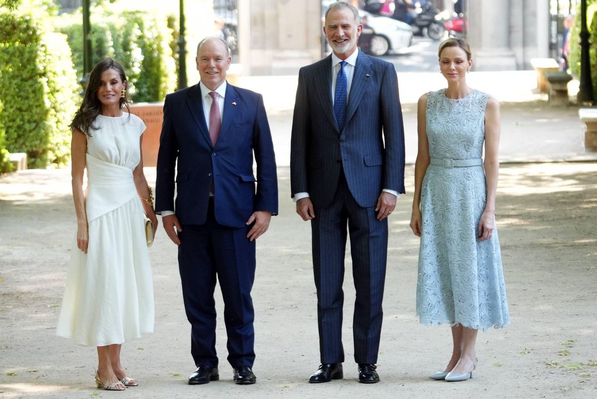 Queen Letizia and Princess Charlene walk alongside King Felipe VI and Prince Albert of Monaco during the diplomatic visit.