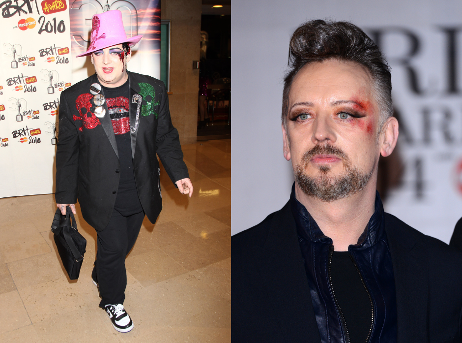 Split image of Boy George. On the left, in a suit and bright pink hat in 2010. On the right, in a black jacket and bold red makeup in 2014.