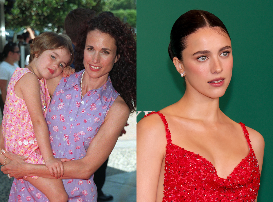 Split image of Margaret Qualley. On the left, as a child in 1999 with Andie McDowell. On the right, in 2026/