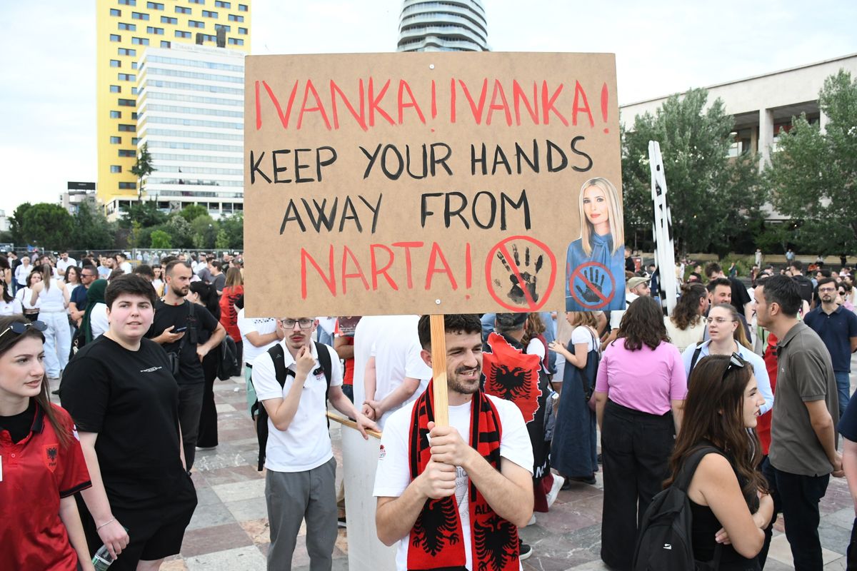 People protest the sale of a stretch of coastline in Zvernec as part of a tourism project linked to Ivanka Trump, and her husband, Jared Kushner.