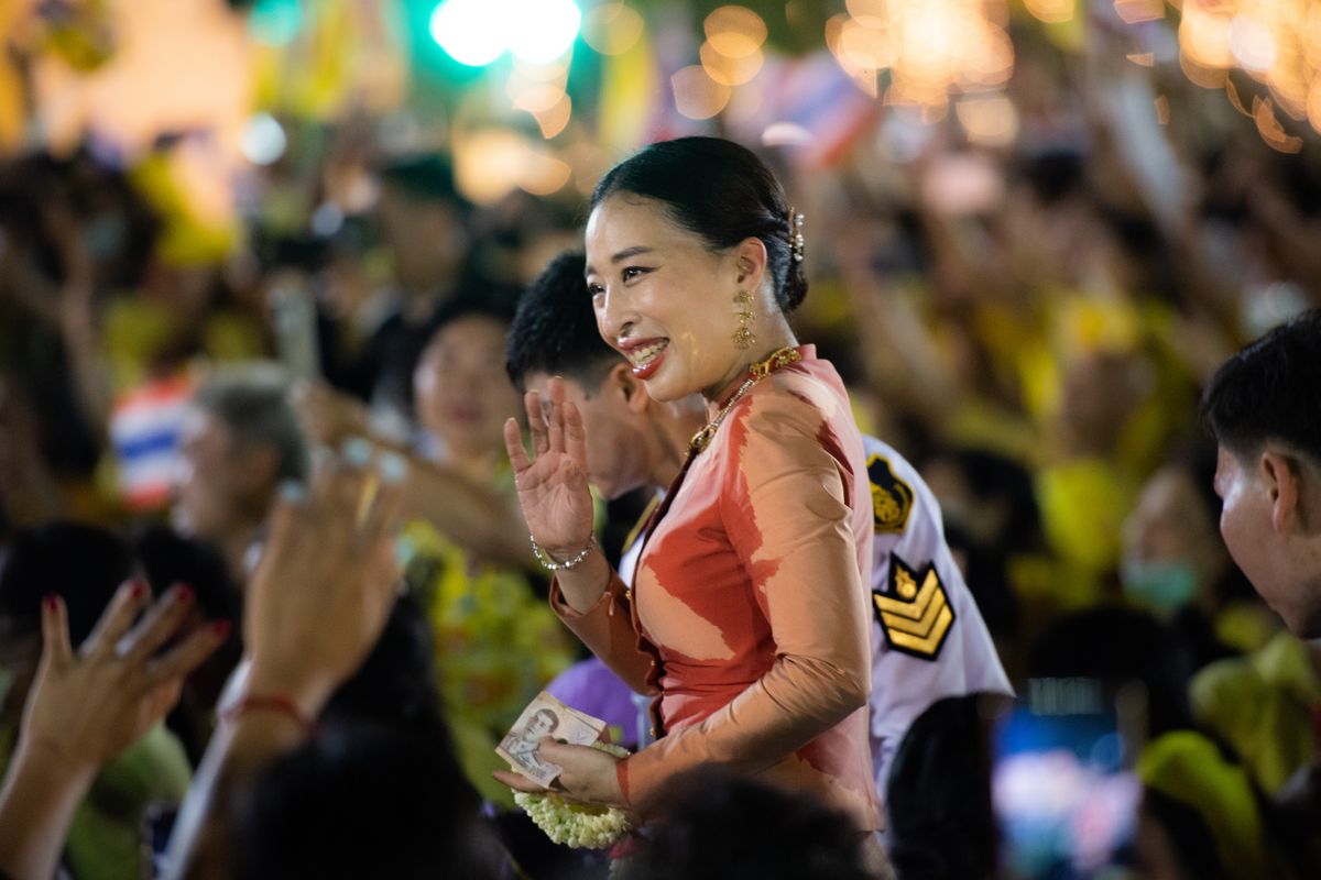 Princess Bajrakitiyabha greets royalist supporters outside the Grand Palace in Bangkok on November 1, 2020 in Bangkok