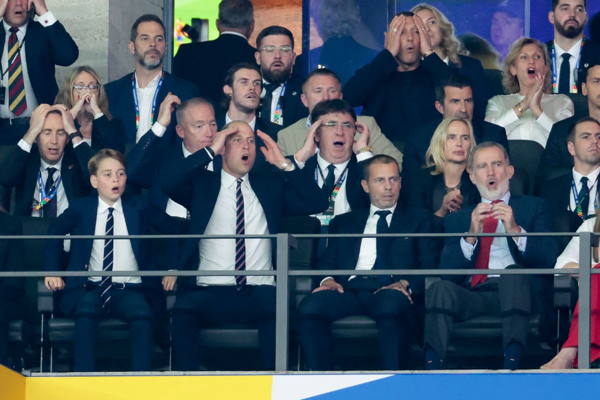 Prince George of Wales, Prince William, Prince of Wales, UEFA President Aleksander Ceferin, King Felipe VI of Spain, above from left Gareth Bale, UEFA General-Secretary Theodore Theodoridis, Luis Figo, Philipp Lahm, Zlatan Ibrahimovic during the UEFA EURO 2024 final match between Spain and England