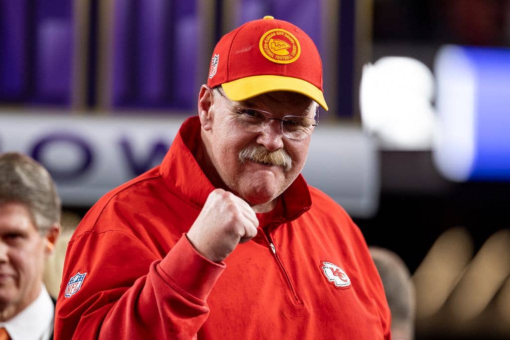 Head coach Andy Reid of the Kansas City Chiefs celebrates during the Trophy ceremony following the NFL Super Bowl 58 football game between the San Francisco 49ers and the Kansas City Chiefs at Allegiant Stadium on February 11, 2024 in Las Vegas, Nevada.