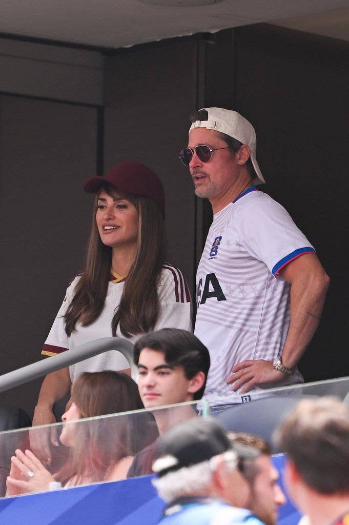 Penelope Cruz and Brad Pitt attend the FIFA World Cup 2026 Quarter Final match between Spain and Belgium at Los Angeles Stadium on July 10, 2026 in Inglewood, California.