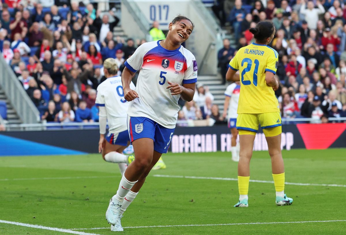 Jessica Carter of England celebrates scoring her team's first goal during the FIFA Women's World Cup 2027 Qualifier match between England and Ukraine.