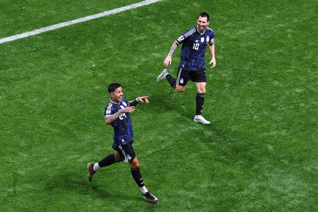 Enzo Fernandez of Argentina celebrates scoring their first goal with Lionel Messi during the FIFA World Cup 2026 Semi Final match between England and Argentina at Atlanta Stadium on July 15, 2026 in Atlanta, United States.