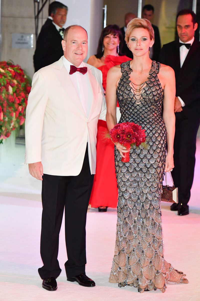 Princess Charlene wore a crystal-covered Atelier Versace gown to the Monaco Red Cross Ball in 2018.