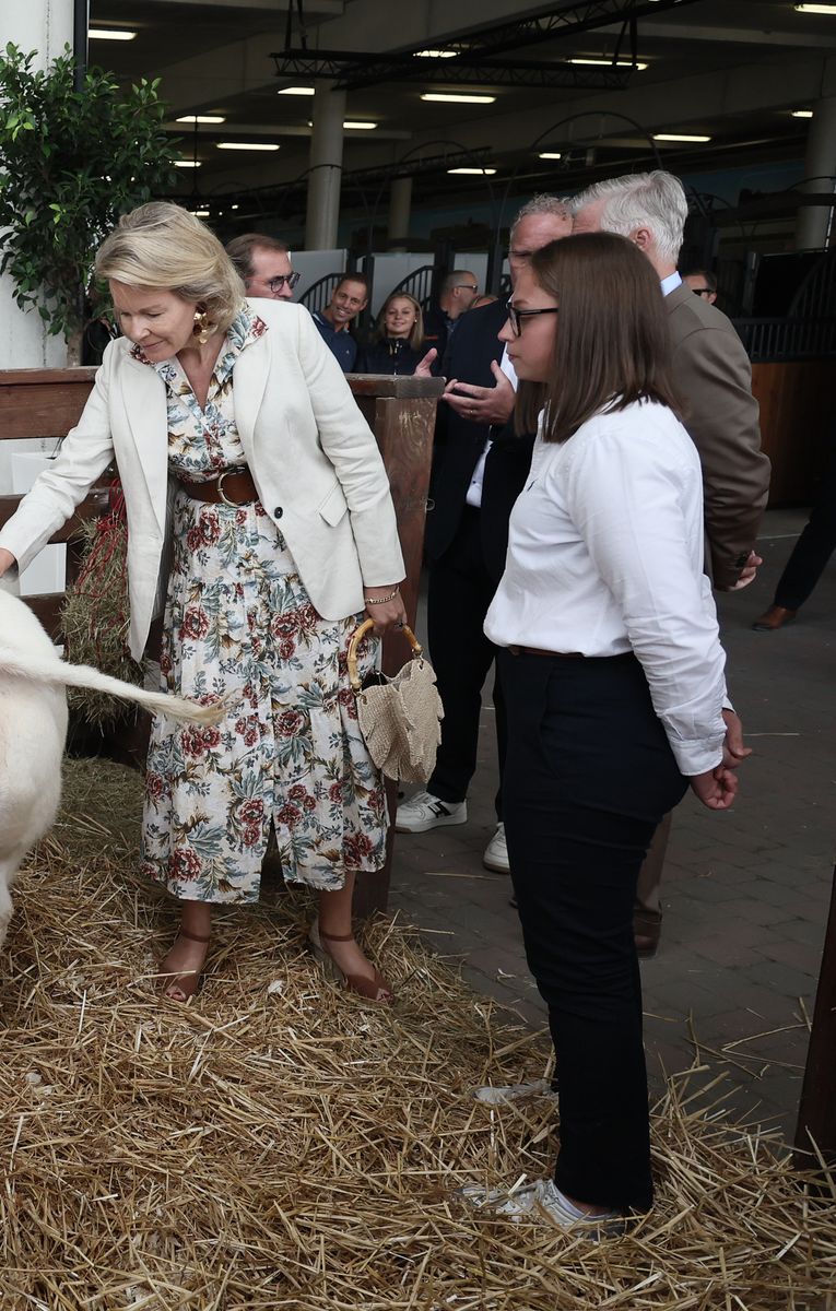 Tan leather espadrille wedges completed Queen Mathilde's effortlessly elegant summer look for the outdoor royal engagement.
