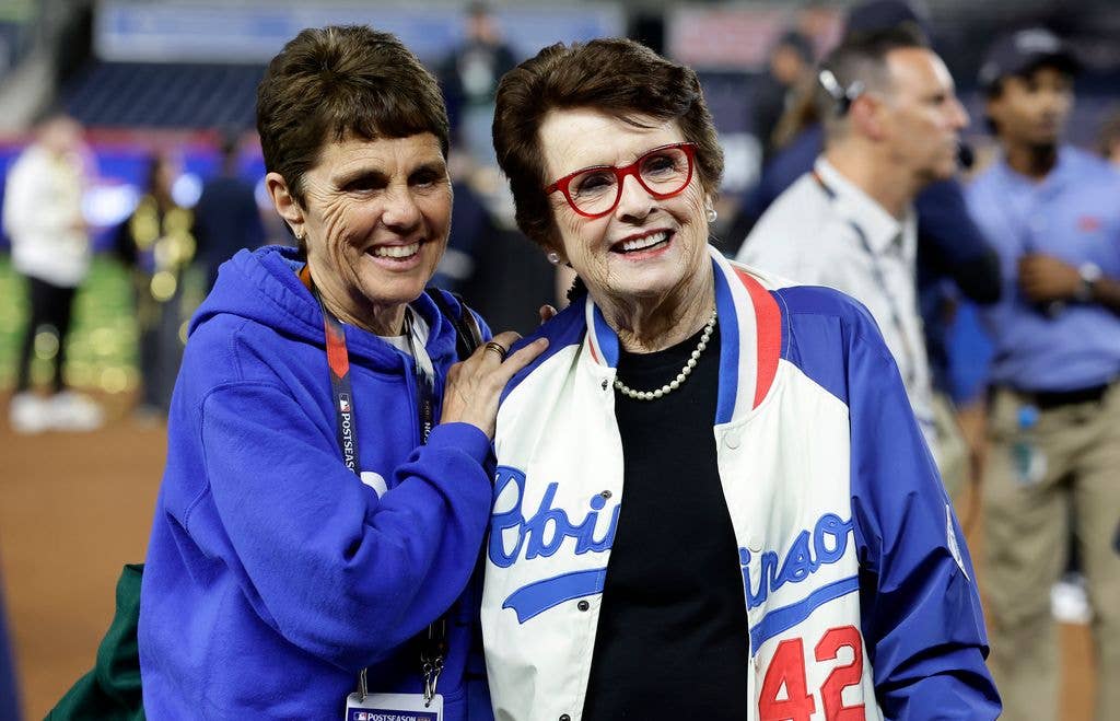 Los Angeles Dodgers minority owner Billie Jean King (R) and Ilana Kloss celebrate after Game Five of the 2024 World Series against the New York Yankees at Yankee Stadium on October 30, 2024 in New York City. The Dodgers defeated the Yankees 7-6. (Photo by Jim McIsaac/Getty Images)