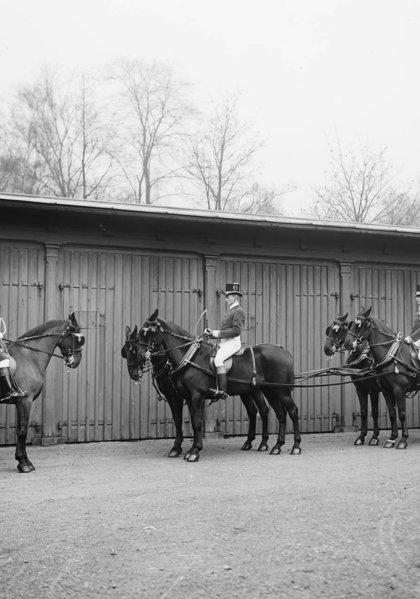 Royal horses and carriage drivers outside the Royal Stables in the early 20th century.