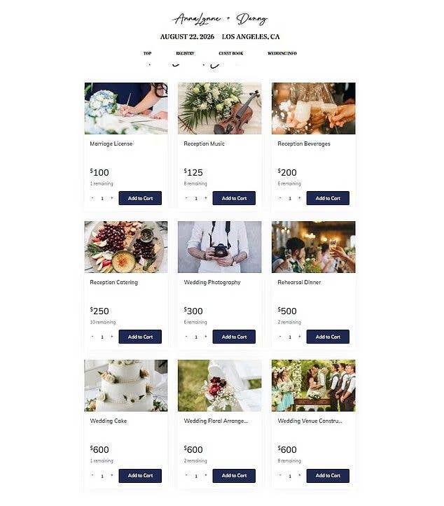 Wedding service webpage with images of musicians, photographers, and floral arrangements.