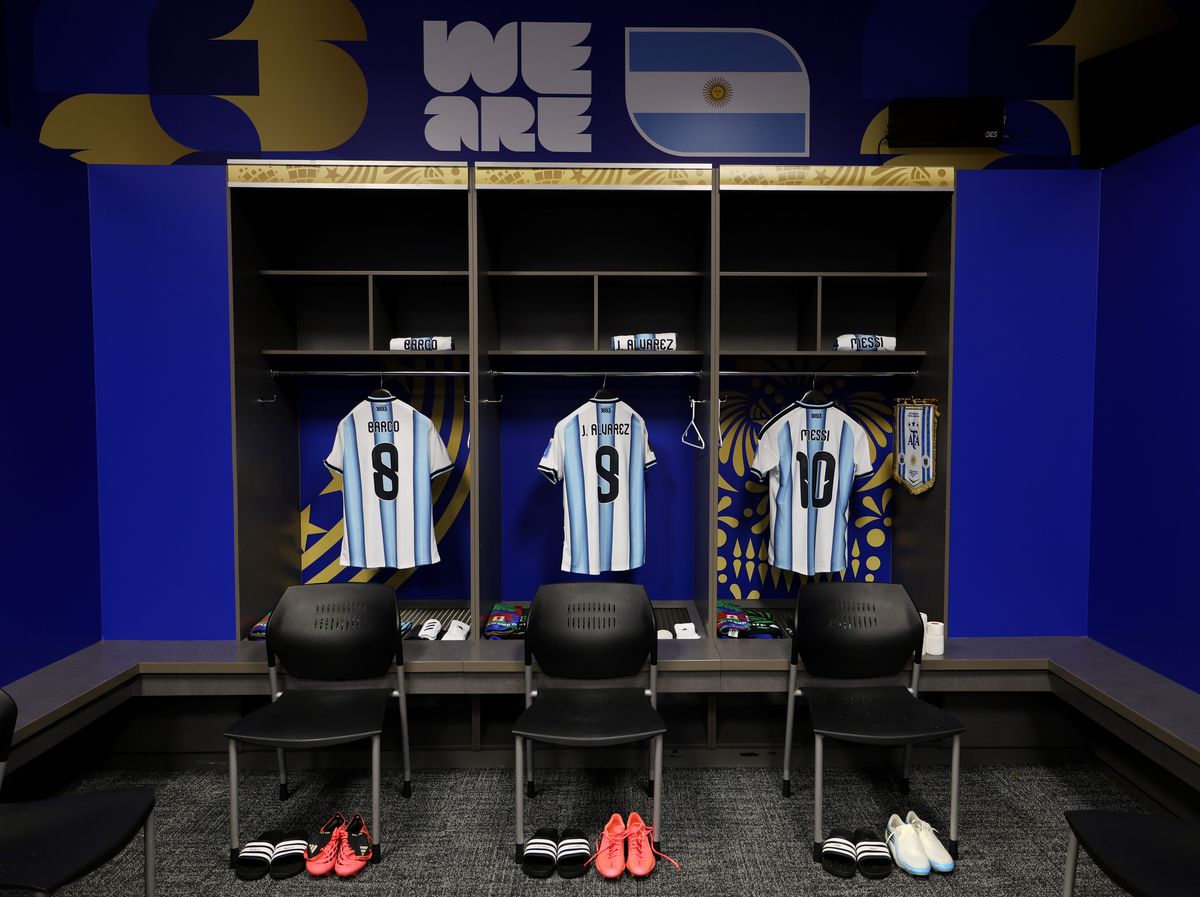 The shirts worn by Valentin Barco #8, Julian Alvarez #9, and Lionel Messi #10 of Argentina are hung in the dressing room before the FIFA World Cup 2026 Group J match between Argentina and Austria