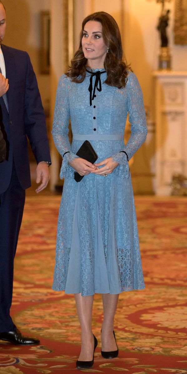 Kate Middleton showcased another Temperley London favorite in a blue lace dress at a World Mental Health Day reception in October 2017.