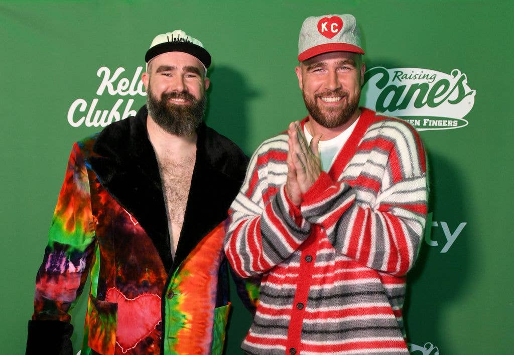 Jason Kelce and Travis Kelce attend The New Heights Party with Jason & Travis Kelce at Thriller Country Club on February 04, 2026 in San Francisco, California. (Photo by Aaron J. Thornton/Getty Images)