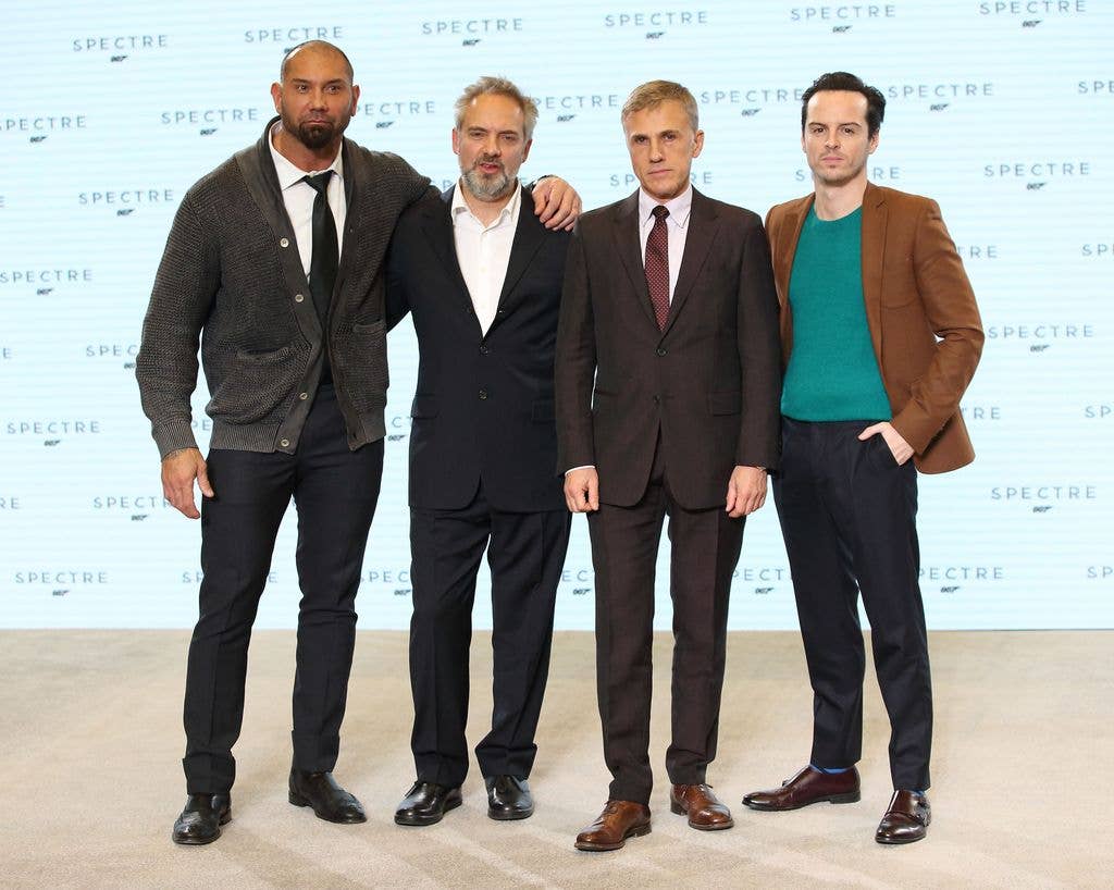 Dave Bautista, Director Sam Mendes, Christoph Waltz and Andrew Scott attend a photocall for the new James Bond film Spectre at Pinewood Studios on December 4, 2014 in Iver Heath, England.  (Photo by Mike Marsland/WireImage)