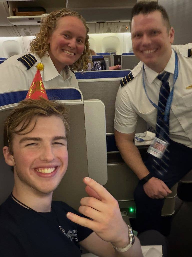 Iain Armitage poses for a selfie while celebrating his 18th birthday on a United Airlines flight, shared on Instagram